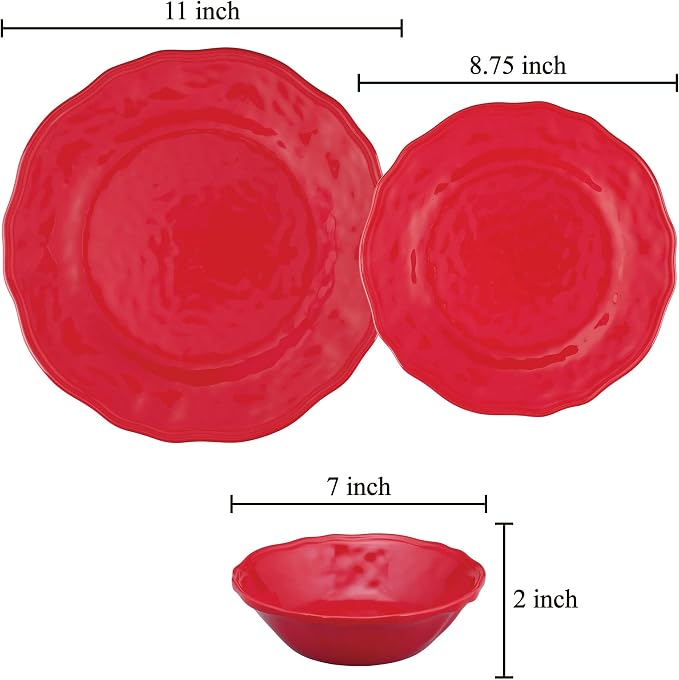 UPware 12 Piece Holiday Red Melamine Dinnerware Sets, Outdoor Dishes Set, Plates and Bowls Sets, Christmas Decorations, Service for 4, Red