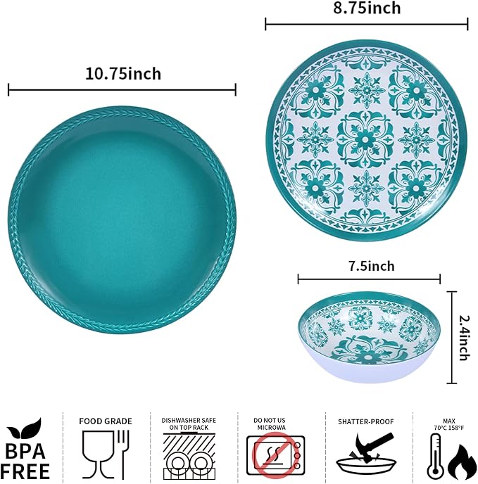 Webbylee Melamine Dinnerware Set，12-Piece Plate and Bowl Sets，Unbreakable Dish Set Service for 4–Dishwasher Safe&Lightweight Dishes,Green Dinnerware for Indoor/Outdoor Use, Gift