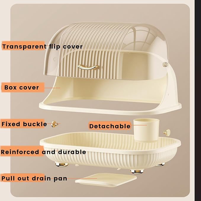 Dish Rack, Dish Drying Rack with Cover Lid and Removable Drainboard, Drying Rack Over Sink Drainer Draining Rack with Drip Tray, Large
