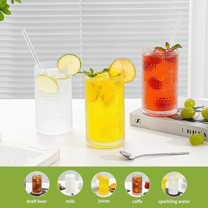 16oz Clear Hobnail Drinking Glasses with Straws Set of 12, Highball Glasses Cups, Kitchen Water Glasses Cup, for Cocktail, Juice, Whiskey, Milk and Various Mixed Drinks