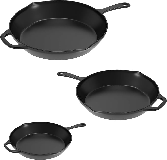 Pre Seasoned Cast Iron Skillets - 3 Pan Set - 9 inches, 8 inches, 6 inches - 1.5 to 2 inches deep - Durable with Strong Handle - Great for both veggies and meat