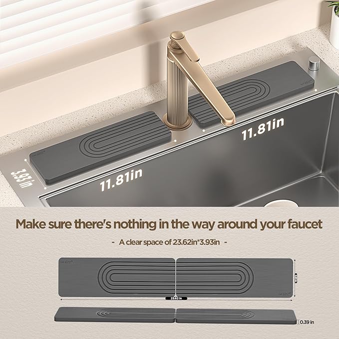 Faucet Mat for Kitchen Sink, Diatomite Stone Drying Sink Protectors, Bathroom Faucet Splash Guard, Quick Dry Water Absorbing, Non-Slip Tray for Kitchen Counter, Gray, 11.8" x 3.9" x 2pcs