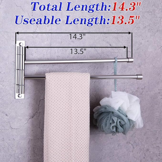 GERZWY Bath Towel Rack Hanger Towel Holder Organizer Bathroom Swing Arm Towel Bars 2-Arm Wall Mount Stainless Steel Polished Finish