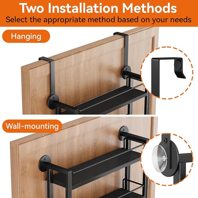 IBUYKE 6 Tier Over The Door Pantry Organizer,Wall Mounted Spice Rack,Door Hanging or Wall,Adjustable Hanging Storage Shelves,Spice Organization for Kitchen cabinet,Bathroom,Closet,Black UTLJ028B
