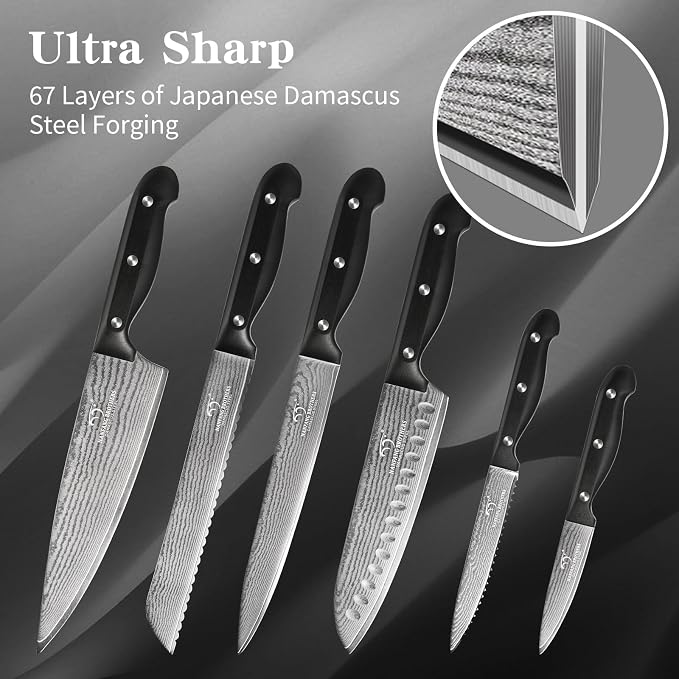 NANFANG BROTHERS 9-Piece Damascus Kitchen Knife Set, 67-Layer VG10 Japanese Steel, Professional Chef Knives with Compact Wooden Block, Triple-Riveted Ergonomic Handles (Hand-Wash Only)