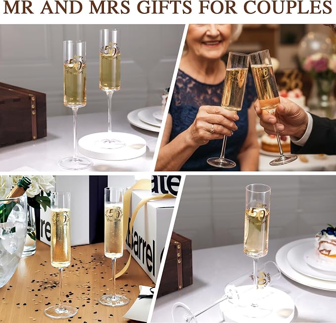 Physkoa Happy 50th Anniversary Champagne Flutes Set –Elegant Golden Wedding Anniversary Present from Friends –Crystal Toasting Glasses with Gold Lettering & Gift Box for Couples