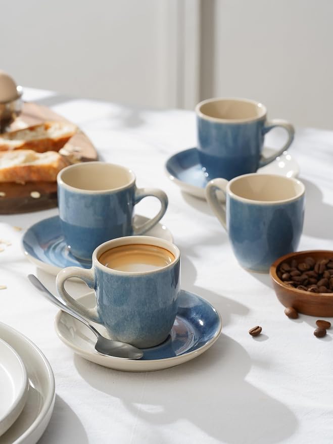 famiware Glacier Espresso Cups with Saucers Set of 4, 3oz Espresso Cup Set, Coffee Mug Set for Latte, Macchiato, Stoneware Demitasse Cups Set for Cafe, Microwave&Dishwasher Safe, Azure Blue