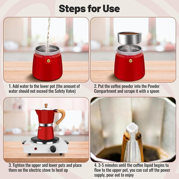12 Cup Aluminum Moka Pot Classic Stovetop Espresso Coffee Maker 600ml 20oz Coffeemaker Percolator Mocha Pot Greca Coffee Maker Cafe Makers for Italian and Cuban Café Brewing Red