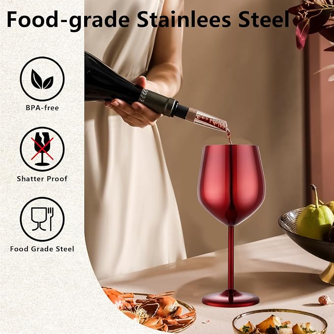 UNISWEET Stainless Steel Wine Glasses Set of 4 Unbreakable Wine Glass 18 oz Unique Metal Wine Goblets for Outdoor, Travel, Camping, Pool, Ideal Gift for Wine Lovers (Mirror-Red)