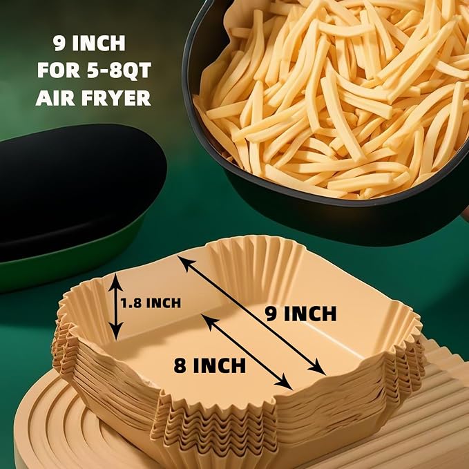 LYHOLKEER 4Pcs 7.6inch Air Fryer Silicone Liners Reusable for 3-6 QT,300Pcs 9inch Square Air Fryer Liners Disposable for 5-8QT,Food Safe,Easy To Clean,Non-Stick