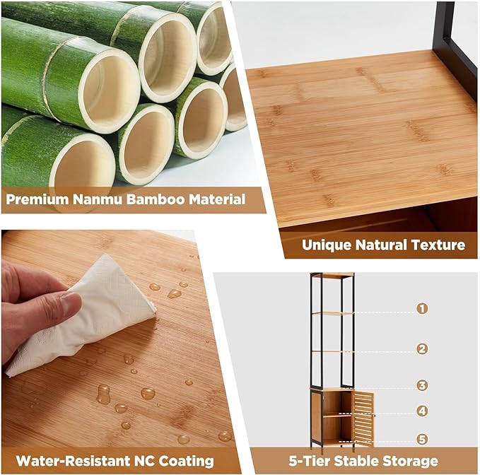 Tall Bamboo Bathroom Cabinet, 5 Tier Floor Shelving Unit with Open Shelves & Cabinet Storage, Premium Moso Bamboo Organizer for Bathroom, Kitchen, or Living Room