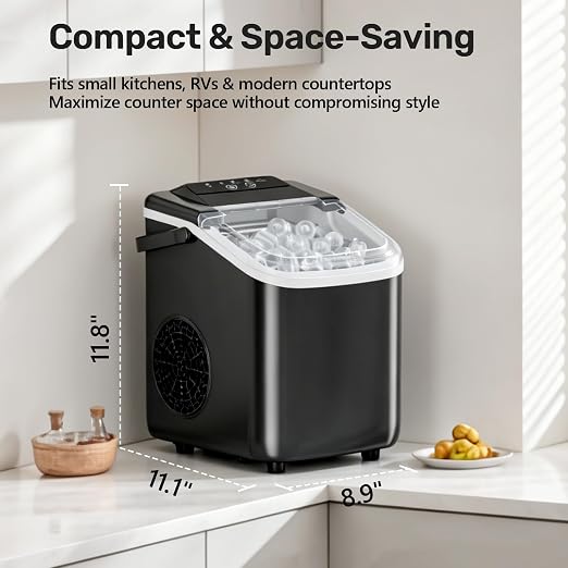 OLIXIS Countertop Ice Maker with Self-Cleaning, Portable Ice Maker Machine with Scoop, 26Lbs/24H, 9 Cubes in 6 Mins, 2 Sizes of Bullet for Home, Kitchen, Office, Black