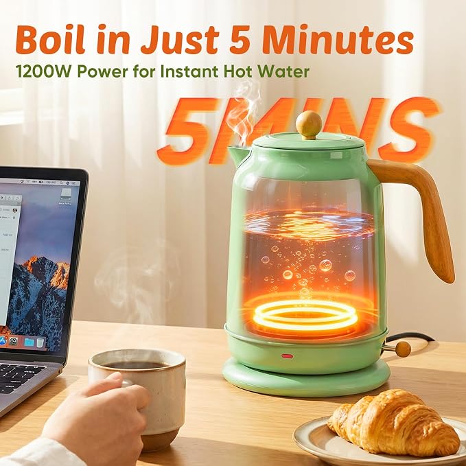 Seehot® Electric Kettle With Thermometer, 1.7L Electric Tea Kettle, 1200W Hot Water Kettle Electric, Auto Shutoff, Boil-Dry Protection, 304 Stainless Steel, Cordless Base,Green