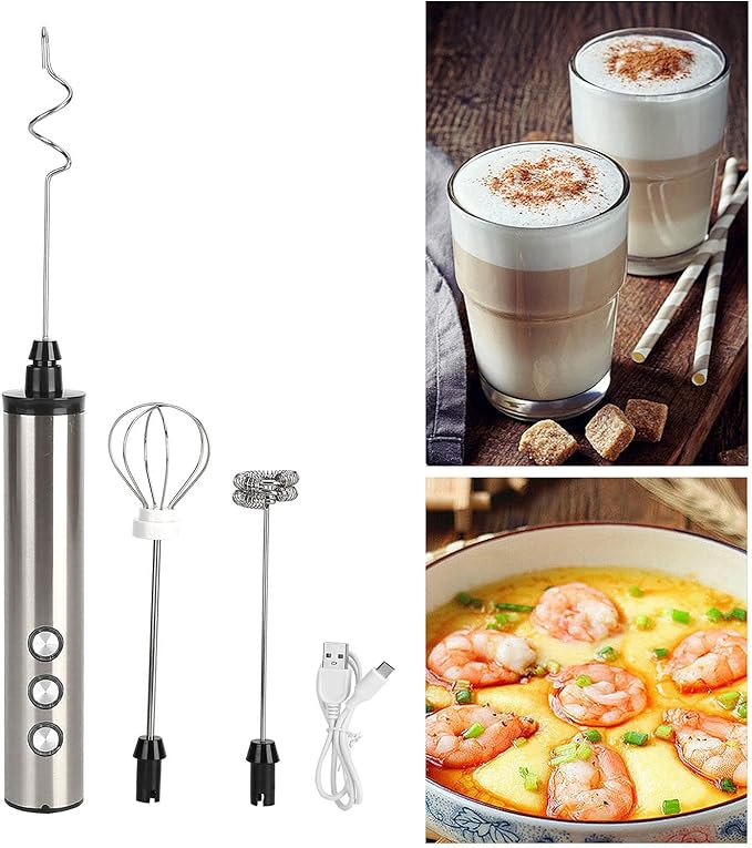 Milk Frother, Milk Mixer, Stainless Steel Milk Frother USB Charging Handheld Electric Egg Beater for Home Kitchen