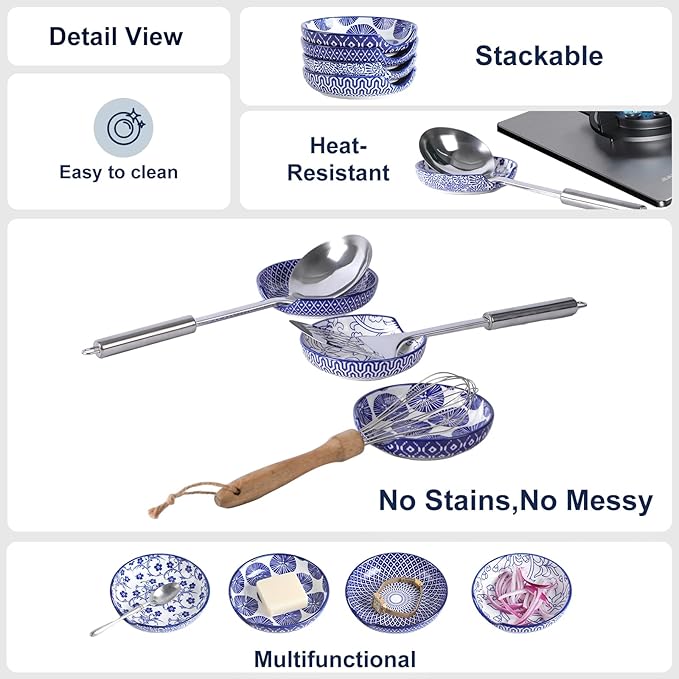 Selamica Ceramic Spoon Rest, 4.8 Inch Spoon Rest for Stove Top, Spoon Holder for Kitchen Counter, Coffee Spoon Holder, Heat-Resistant Cooking Utensil Rest for Ladles Tong, Set of 4,Vintage Blue