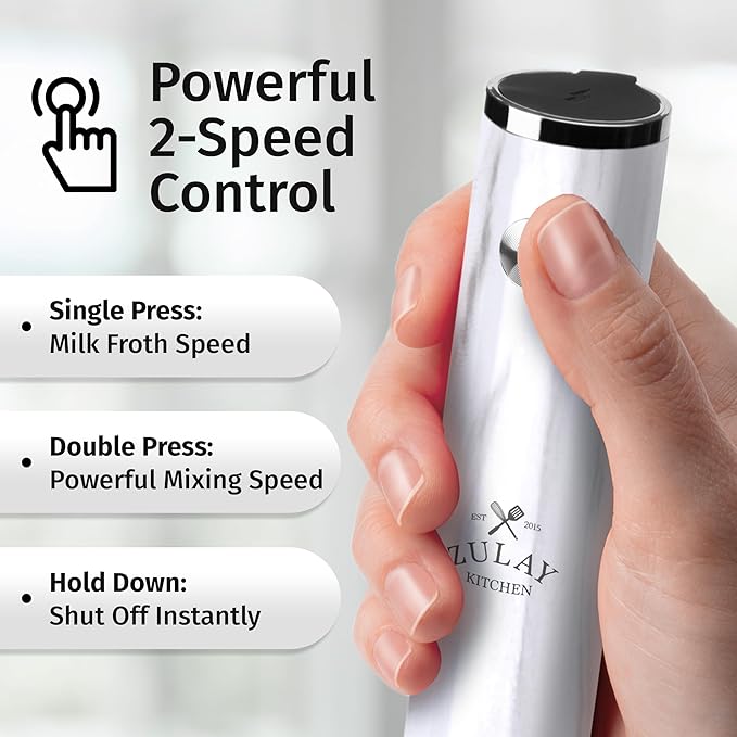 Zulay Kitchen Rechargeable Milk Frother Handheld Lux - Powerful 2-Speed Motor, Waterproof, 2000mAh Battery - Drink Mixer for Latte, Cappuccino, Matcha & Protein Powder - White Marble
