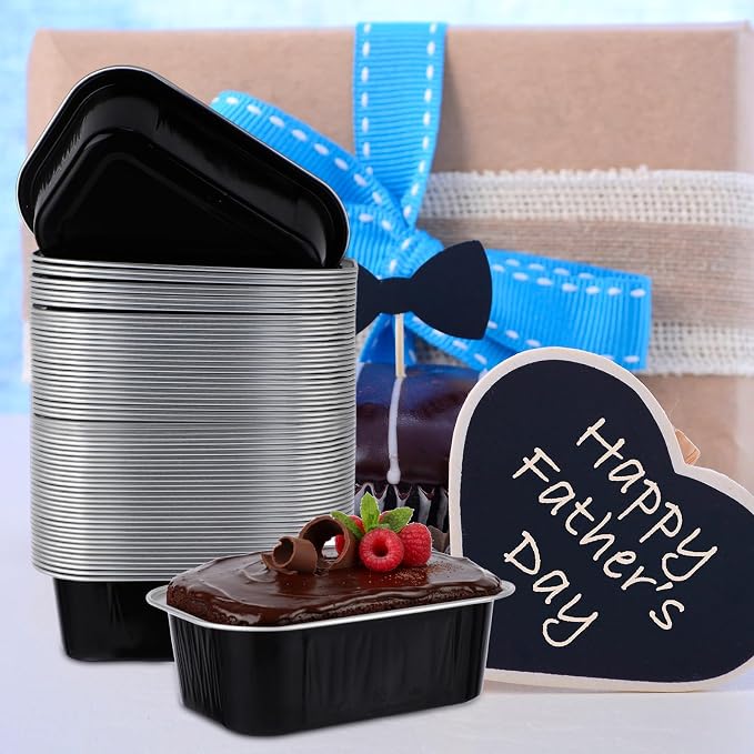 Vesici 100 Sets Mini Loaf Pans with Lids, 5.7 oz Disposable Aluminum Foil Baking Cups, Rectangle Cake Pans for Baking Storage Birthday Party(Black Silver)