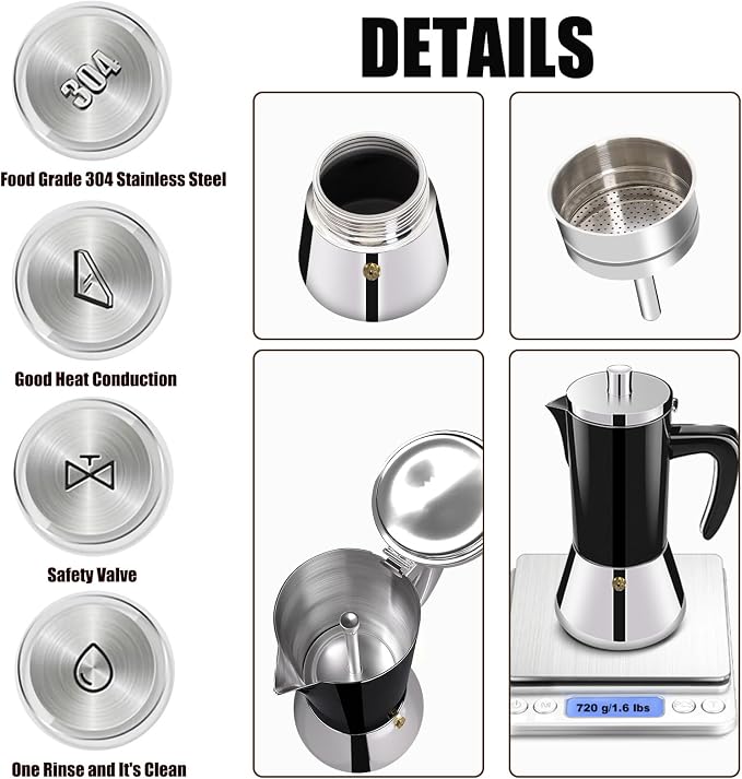6 Cup Thickened 304 Stainless Steel Moka Pot Stovetop Espresso Maker Cafeteras Italian Percolator Espress Makers Capable Greca Mocha Coffee Machine for Induction Home and Camping 300ml 10oz
