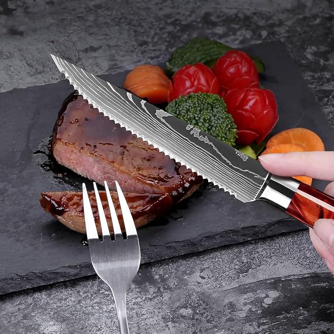 SENKEN Professional Steak Knife Set with Engraved Damascus Pattern, Razor Sharp Blade, High Carbon Stainless Steel with Beautiful Gift Box, Blue & Red Resin Handles