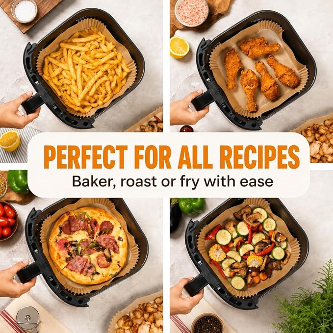 Air Fryer Paper Liners, 125Pcs Air Fryer Disposable Liners, Non-Stick and Oil Proof for Easy Cleanup, 8” Square for 5-8 qt Basket by Baker's Signature