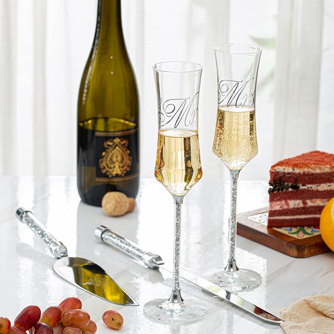 Wedding Champagne Flutes and Cake knife Server Set, Mr and Mrs Champagne Flutes, Bride and Groom Champagne Glasses and Cake Cutting set for Wedding Gifts