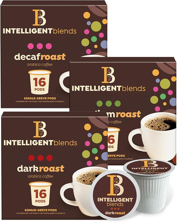 Intelligent Blends Dark Roast, Medium Roast & Decaf Dark Roast Coffee Pods Variety Pack, 48 ct, Single Serve Pods – 100% Arabica Coffee, Compatible with Keurig K Cups Maker