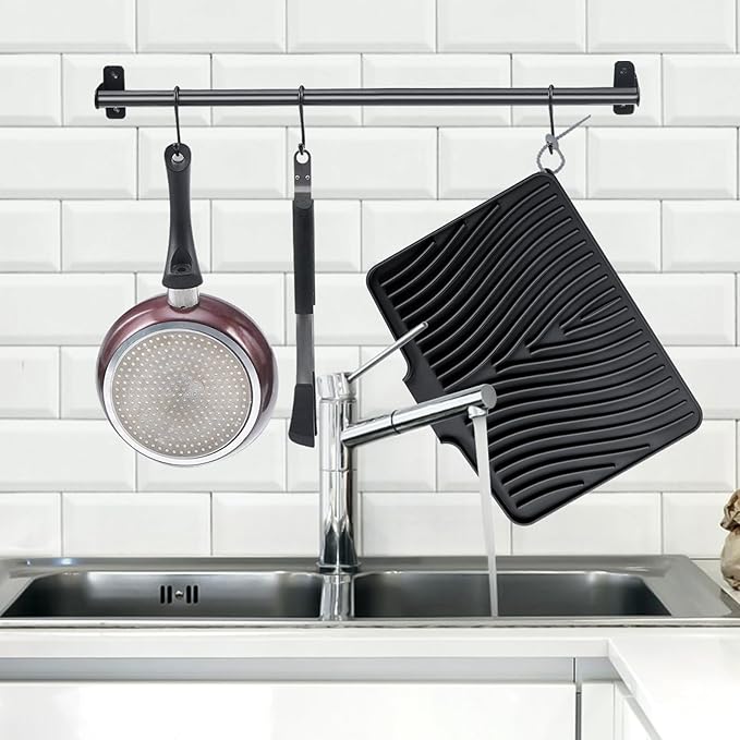 TIKNIK Silicone Dish Drying Mat, Stone Drying Mat for Kitchen Counter with Built-In Drain, Non-Slip Drain Pad with Built-in Drain, Heat Resistant Stone Drying Mat, Hangable, Black-2pcs, 16" x 12"