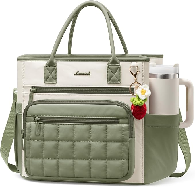 LOVEVOOK Insulated Lunch Bag Women,Puffer Adult Lunch Box for Women with Handmade Strawberry Charm,Wide Opening Leakproof Cooler Bag with Cup Holder for Work Picnic Beach Family College Mom Teacher