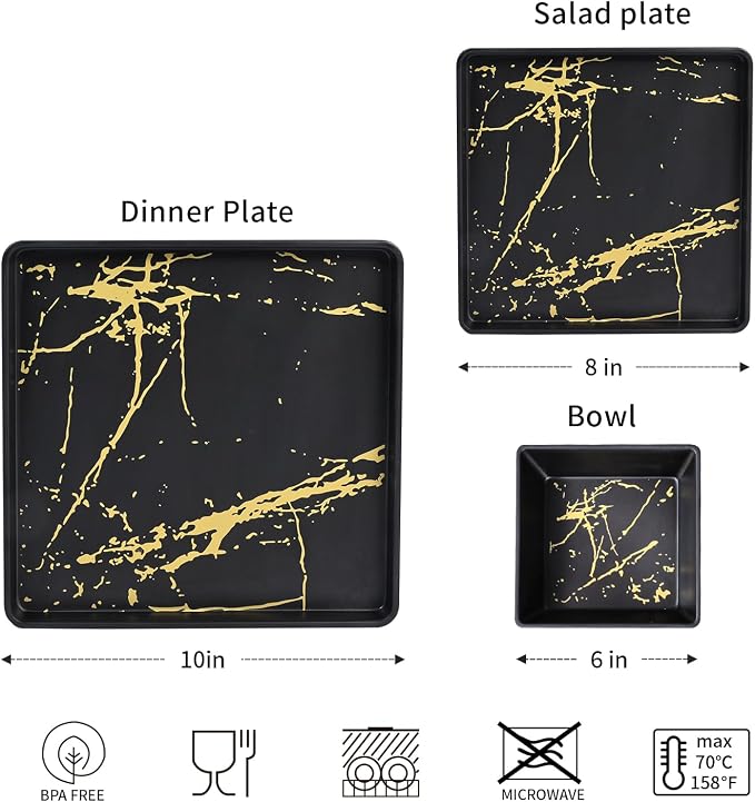 Melamine Dinnerware Sets - 12pcs Square Plates and Bowls Sets For 4, Indoor Outdoor Use, Dishwasher Safe, Black & Gold