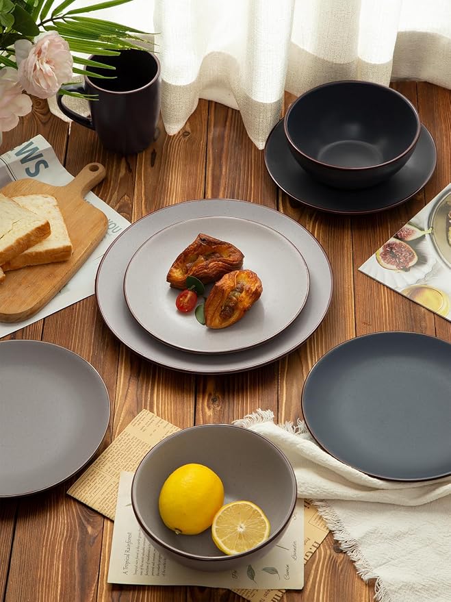 Famiware Venus Plates and Bowls Sets with Trim, 12 Pieces Speckled Stoneware Dinnerware Set for 4, Matte Multicolor - Microwave & Dishwasher Safe Dish Set, Modern Minimalist, Everyday & Formal Dining