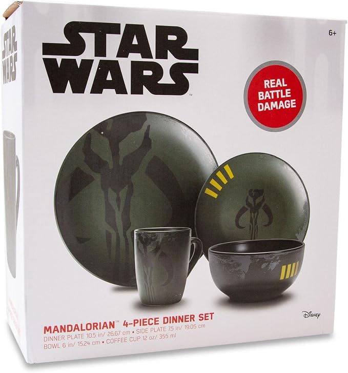 Star Wars Boba Fett Mandalorian Dinnerware Dining Set | Official Star Wars Collectible Stoneware Display | Includes Plates, Bowl, And Mug | 4-Piece Set