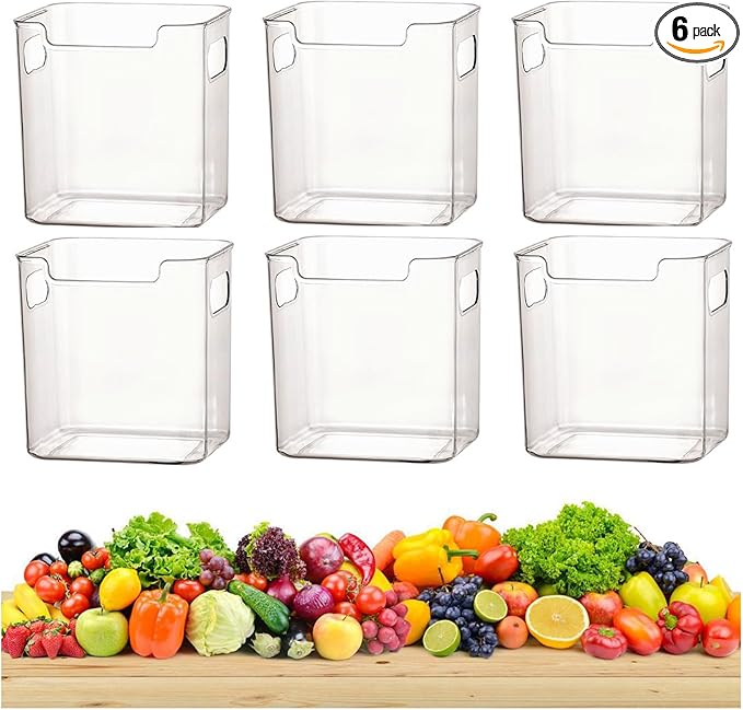 2/4/6/8 Pcs Crystal Clear Freezer Storage Bins, Freezer Organizer Bins, Clear Plastic Bins, Stackable Kitchen Cabinet Organizer with Handles for Frozen Food, Meat & Veggies (6, Transparent, S)