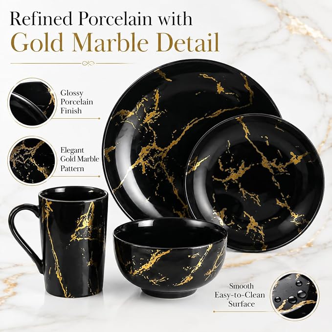 Black and Gold Dinnerware Set 16-Piece – Marble Finish Porcelain Plates and Bowls Sets for 4, Modern Gold Dish Set for Family or Housewarming