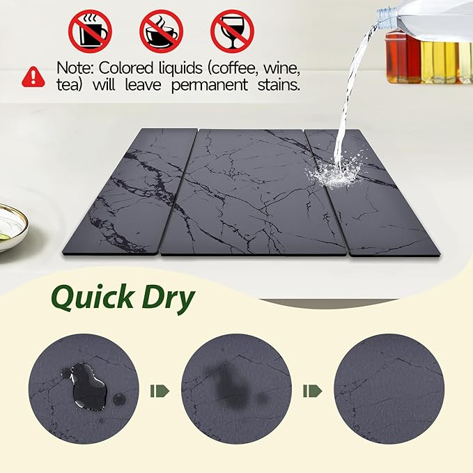 Large Stone Drying Mat for Kitchen Counter, 24"x16" Collapsible Quick Dry Dish Drying Mat, Water-Absorbent Marble Diatomaceous Earth Mats for Bottles Cups Dishes, Match Any Countertop