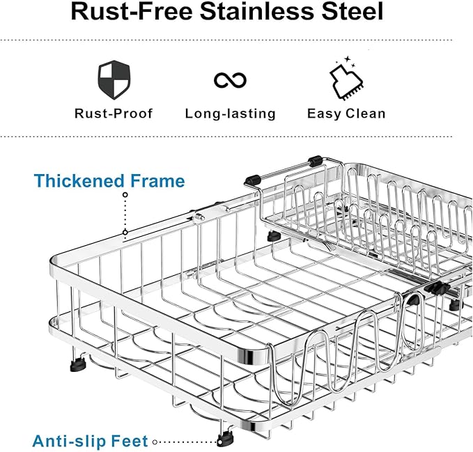 GSlife Large Capacity Expandable Dish Drying Rack with Absorbent Mat, 2-Piece Stainless Steel Dish Drainer Set for Counter with Removable Over Sink Rack, Family Size 15" W x 16.5"-21.5" L, Silver