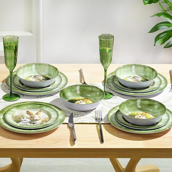 12-Piece Green Bunny Melamine Dinnerware Set，Garden Parties & Everyday Use | Lightweight Melamine Plate & Bowl Set for 4,Shatterproof Dishes Perfect for Family Gatherings & Stylish Dining Room Settings