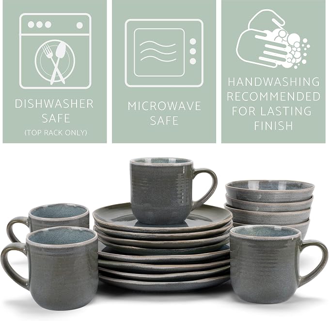 Elanze Designs Reactive Glaze Farmhouse Rustic Boho Ceramic Stoneware Dinnerware 16 Piece Plate Bowl Mug Dish Set - Service for 4, Ocean Teal Blue