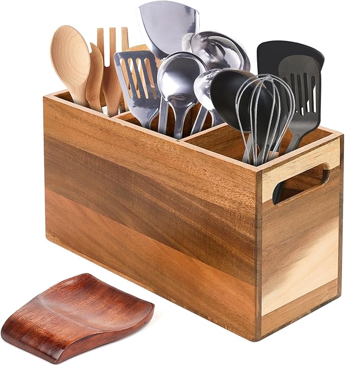 Relaxing Garden Wooden Utensil Holder for Kitchen Counter with Spoon Rest - Acacia Wood Utensil Organizer for Countertop, Rustic Wood Utensil Holder for Kitchen Storage