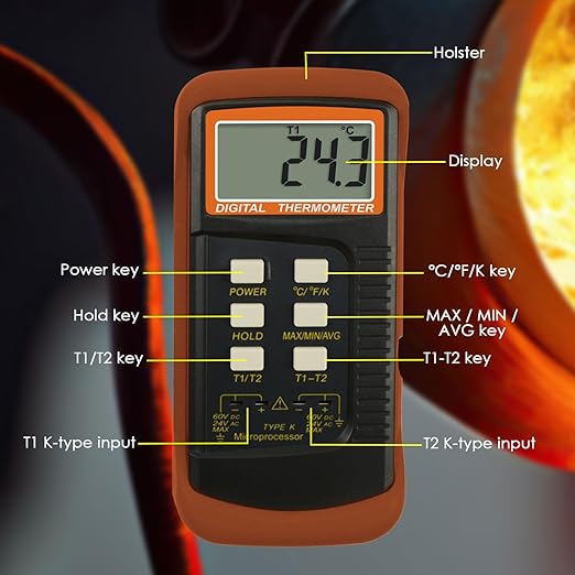 K Type Thermocouple Thermometer (-50~1300°C), Dual Channels Digital Thermometer with 2 Temperature Clamp 2 Wired Thermocouple Probes, High Accuracy Temperature Kelvin Scale Meter Tester