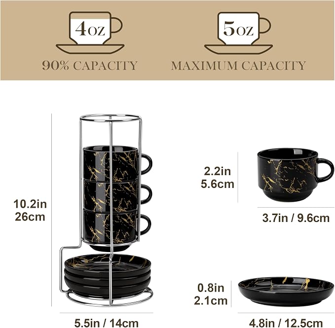 MALACASA 4 OZ Porcelain Espresso Cups with Saucers and Metal Stand Set of 4, Stackable Cappuccino Cups, Marble Black Expresso Shots Cup Set for Coffee Drinks, Latte, Tea