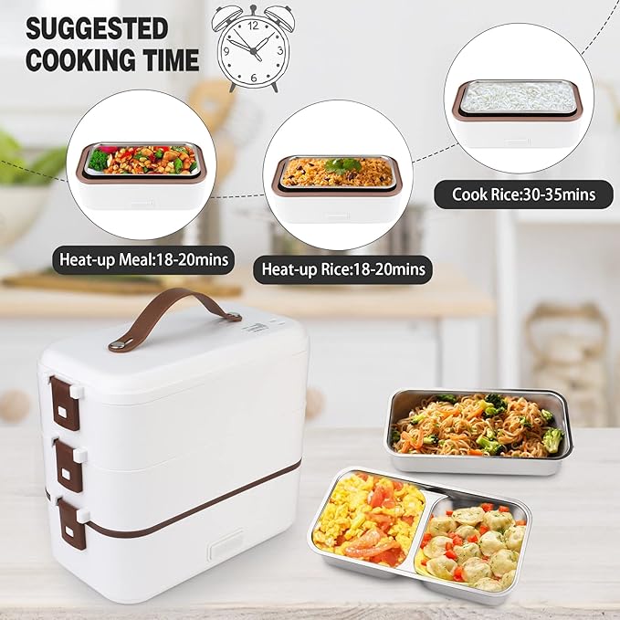 Self Cooking Electric Lunch Box, Portable Food Warmer for On-the-Go, 3 Layers 800ML Slow Cooker Heated Lunch Box for Home Office Travel Cook Food (ONLY THE WALL PLUG)