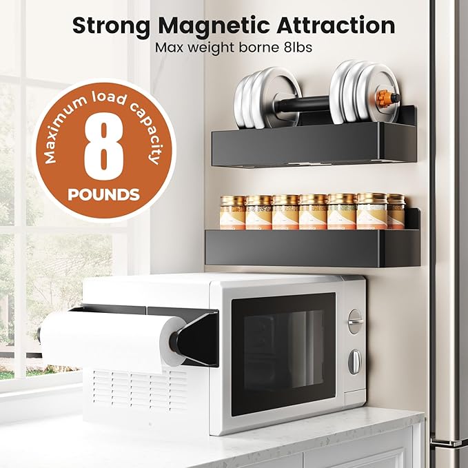 Mystozer Magnetic Spice Rack for Refrigerator,5 Pack Magnetic Shelf,Fridge Magnet Organizer with Paper Towel Holder,Fridge Organizers and Storage Black(5 Pack)