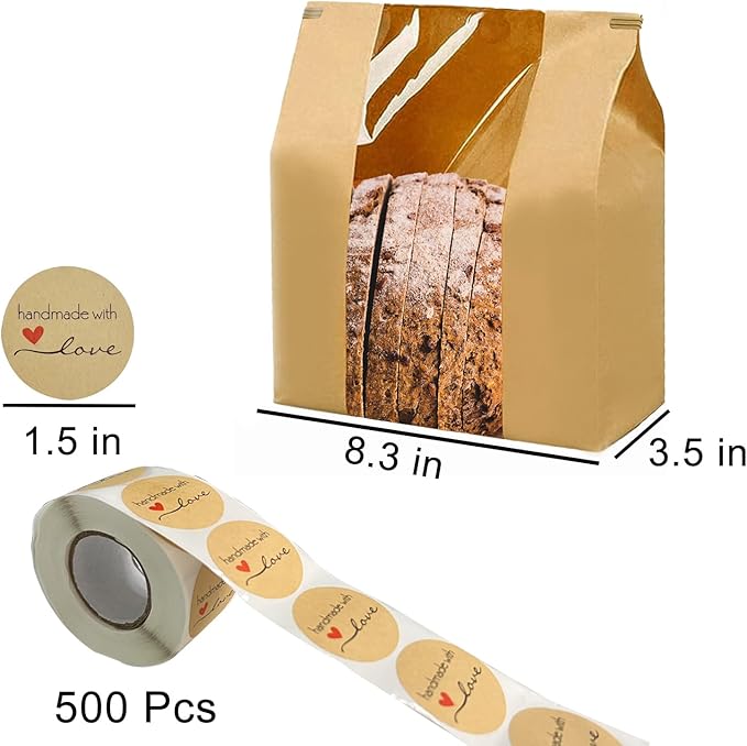 200 Pack Large Paper Bread Bags for Homemade Bread Sourdough Bags 14" x 8.3" x 3.5" with Tin Tie Tab Lock Clear Front Window Bakery Bag Packaging Cookie Bag with Label Seal Stickers