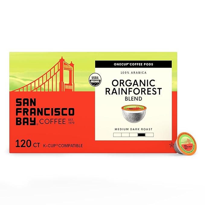 San Francisco Bay K-Cup Coffee Pods, Organic Rainforest Blend (120 ct), Medium-Dark Roast, Commercially Compostable USDA Organic Single-Serve Coffee Pods