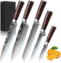 5-Piece Premium Japanese Kitchen Knife Set - Star Collection, Laser Damascus Pattern, 440A Stainless Steel Ultra Sharp for Fast Cutting (Redwood 5B)