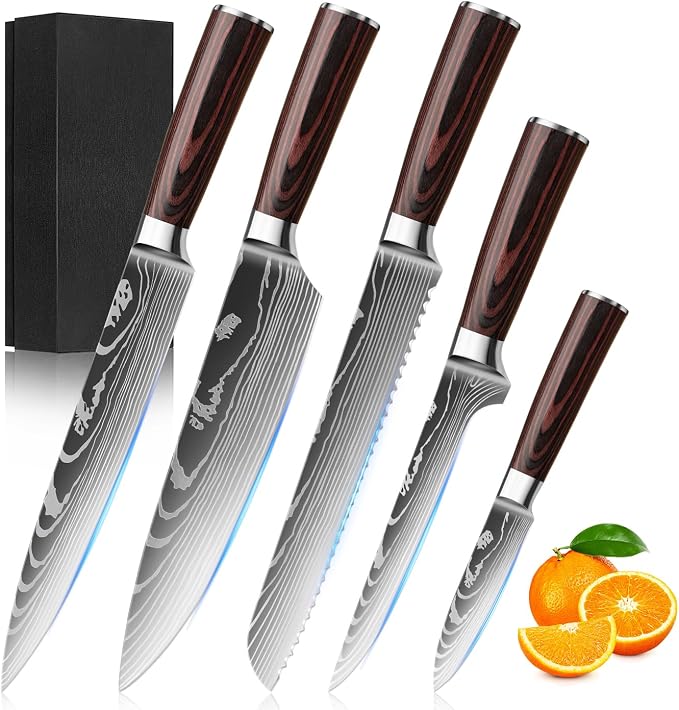 5-Piece Premium Japanese Kitchen Knife Set - Star Collection, Laser Damascus Pattern, 440A Stainless Steel Ultra Sharp for Fast Cutting (Redwood 5B)