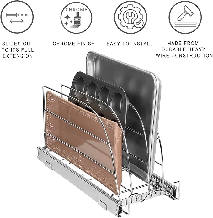 HOLDN’ STORAGE Pull Out Organizer for Bakeware, Cutting Board and Trays, Adjustable Dividers - Heavy Duty, Lifetime Limited Warranty - For Narrow Cabinet Spaces, 8.5”W x 21”D x 11”H, Chrome