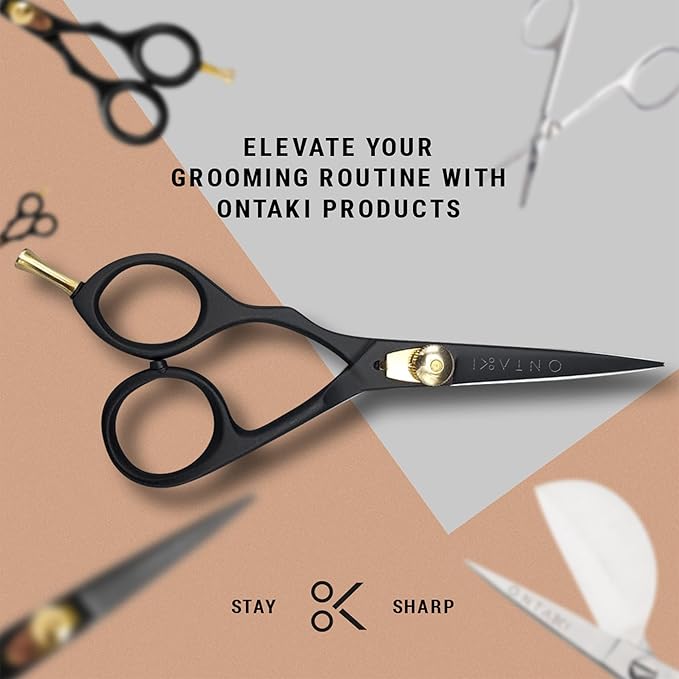 Ontaki Beard and Mustache Scissors for Men - 5.5 in, Black, Left Hand - 420C Japanese Steel Precise Sharp Blades - Complete Grooming Kit with Mustache Comb & Scissors Set