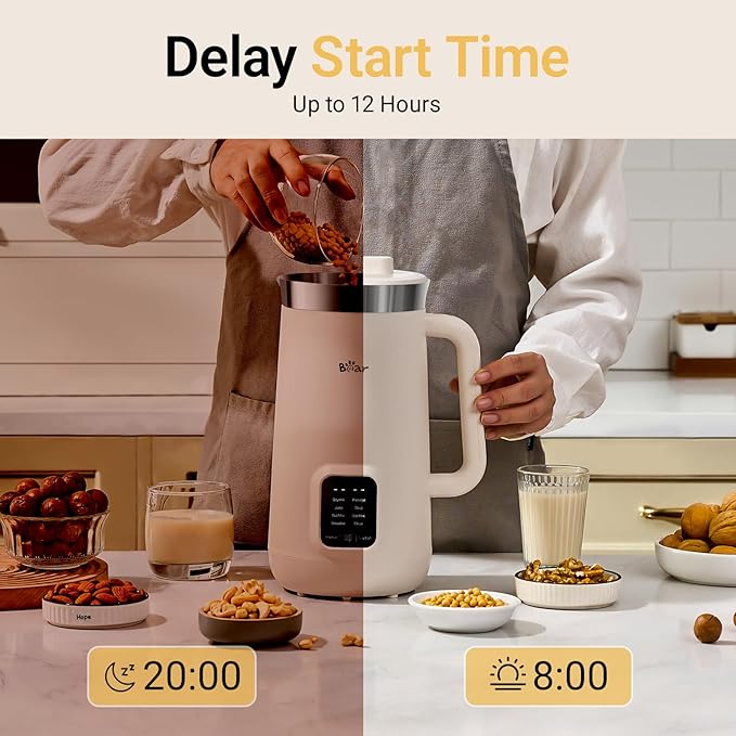 Bear 8 in 1 Nut Milk Maker Machine, 40oz/1.2L Soy Milk Maker with Self Clean/12H Delay/6H Keep Warm, One Touch Almond Milk Maker for Homemade Oat, Soup, Juice, Plant Based and Non Dairy Beverages