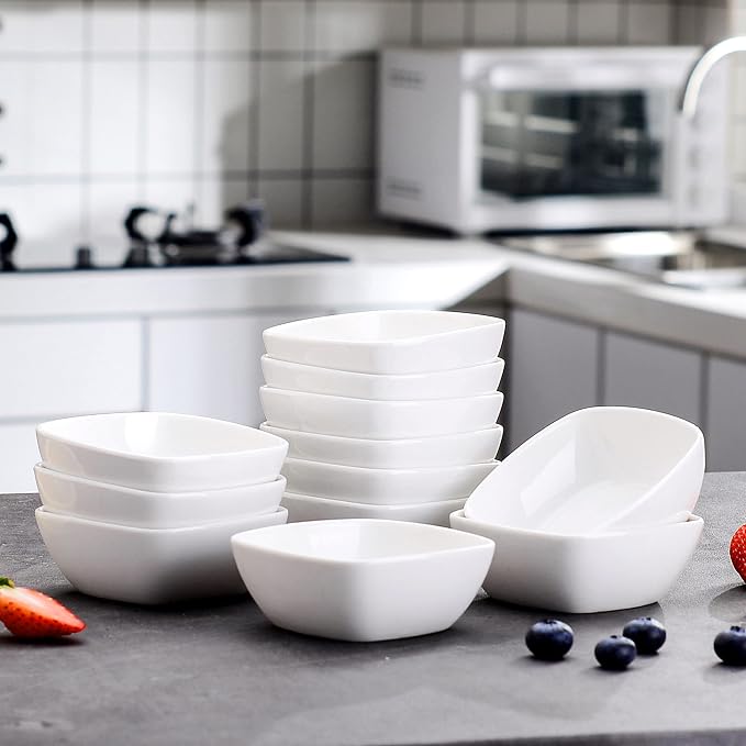 MALACASA 5 oz Porcelain Dip Bowls Set, 12 Pack Small Ramekins, Dipping Sauce Dishes, Stackable Tiny Ramekins for Pudding, Souffle, Brulee, Dessert, Snack, Charcuterie Boards accessories, Oven Safe